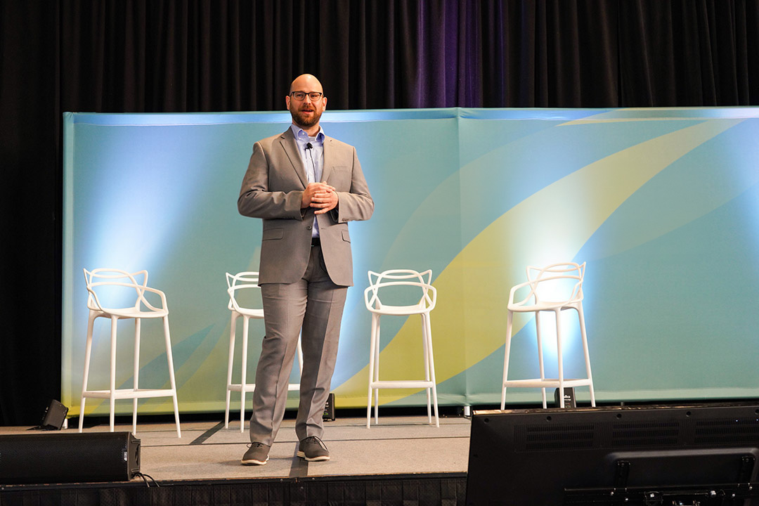 Photo of a presentation on the sustainability stage at NPE